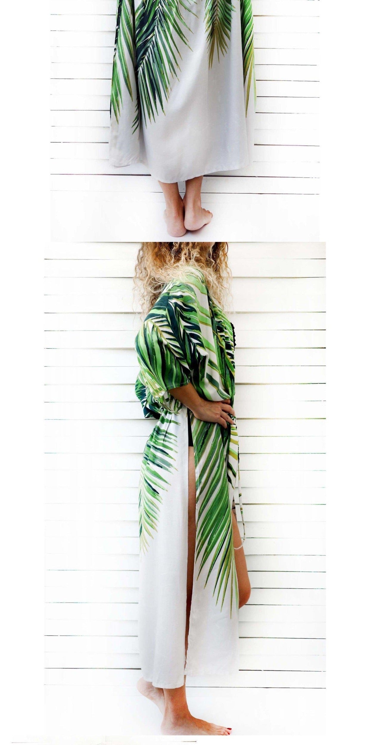 Chiffon Cardigan Green Leaf Beach Blouse with vibrant palm print, perfect for a fresh summer look at your favorite store.