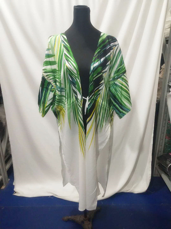 Stylish Chiffon Cardigan Green Leaf Beach Blouse featuring vibrant palm prints, perfect for sunny days.