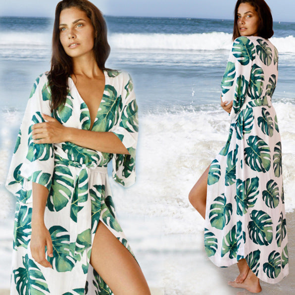 Chiffon Cardigan Green Leaf Beach Blouse features a fresh design, perfect for beach outings and stylish summer looks.