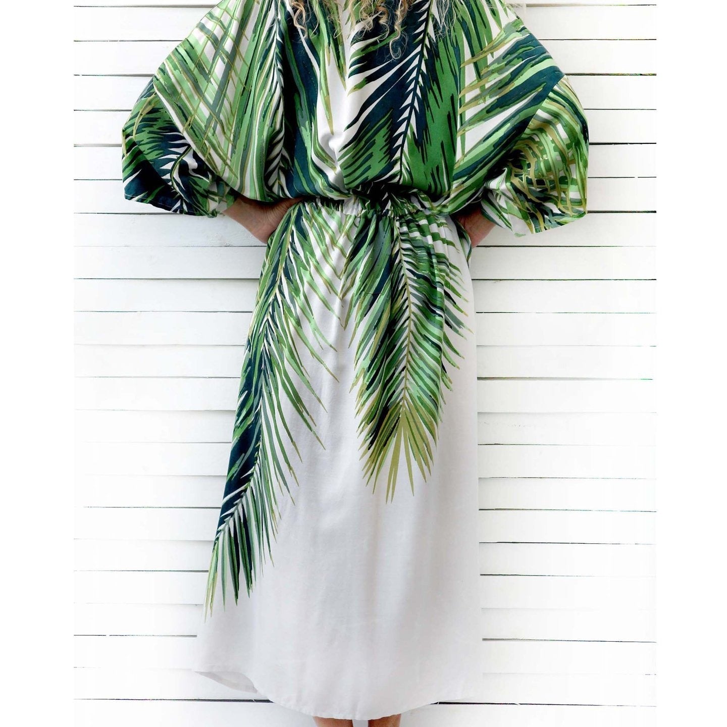 Stylish Chiffon Cardigan Green Leaf Beach Blouse featuring vibrant palm prints, perfect for summer outings.