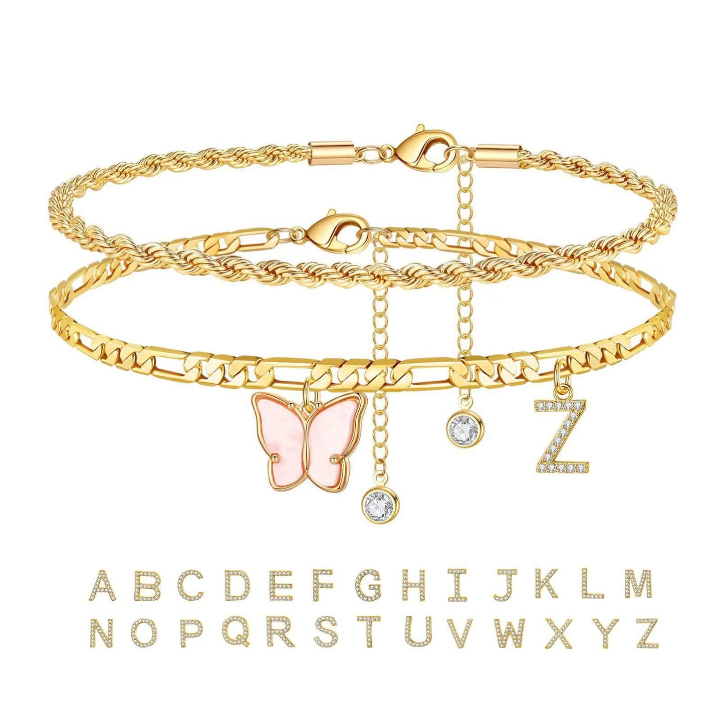 Bracelet de cheville avec lettre et papillon
