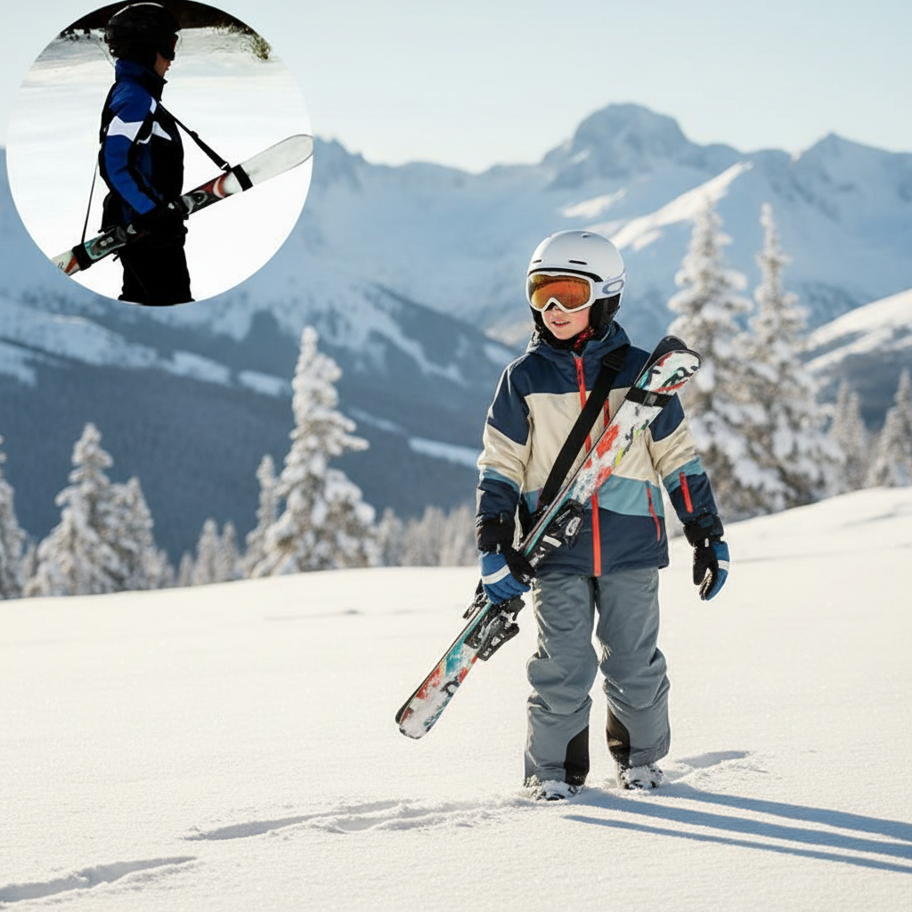 Barn bär skidor hängande vid midjan med skidrem