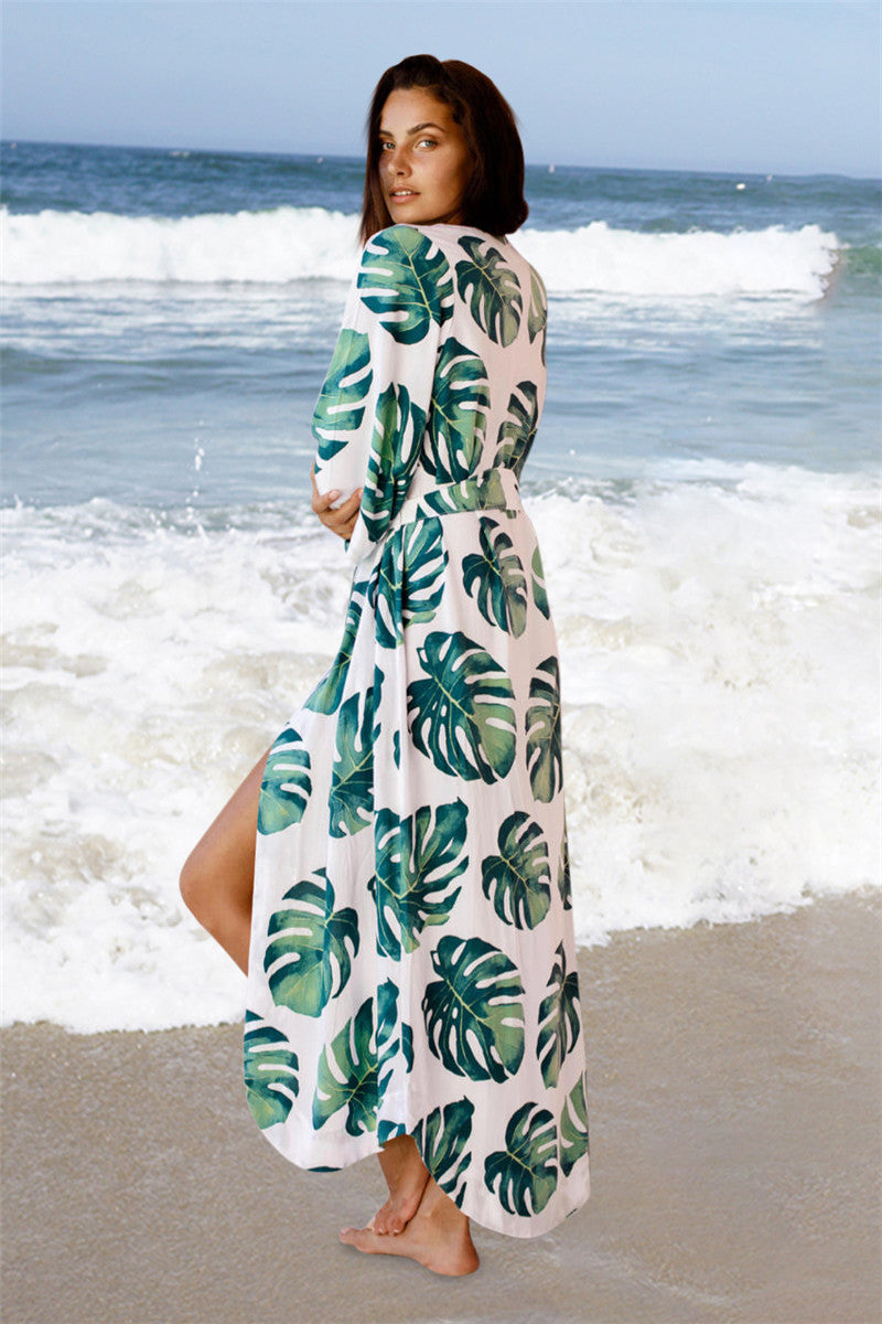 Chiffon Cardigan Green Leaf Beach Blouse displayed on a model at the beach, showcasing its fresh and sweet style.