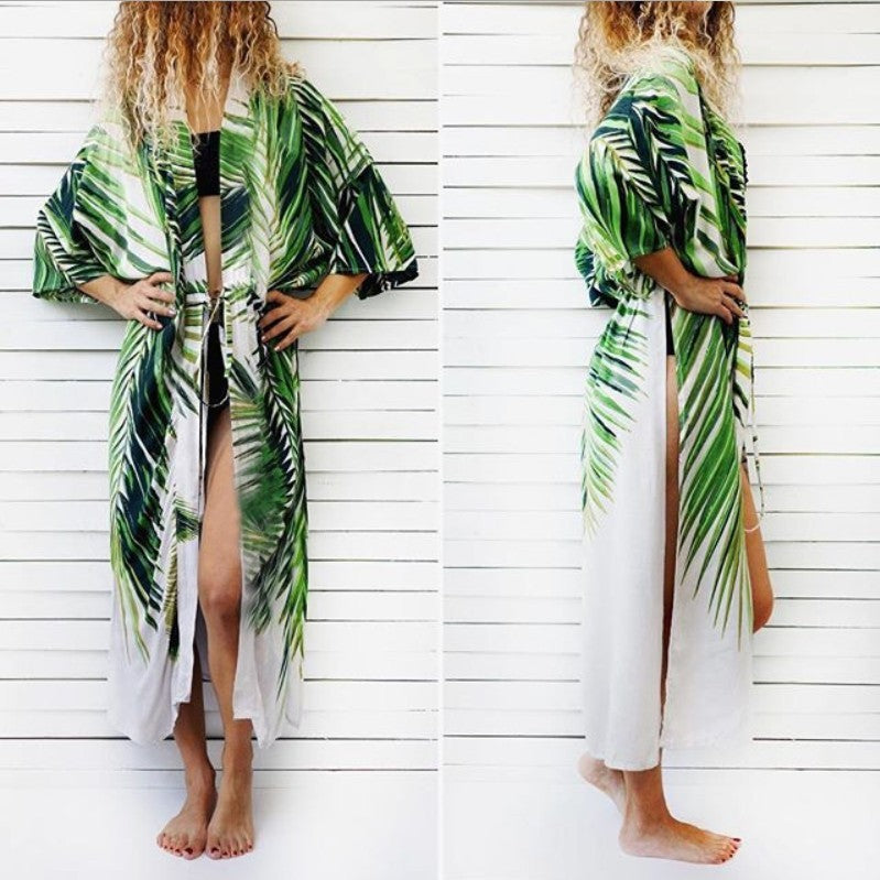 Stylish Chiffon Cardigan Green Leaf Beach Blouse, perfect for summer vibes and beach outings. Ideal for fresh, sweet looks.