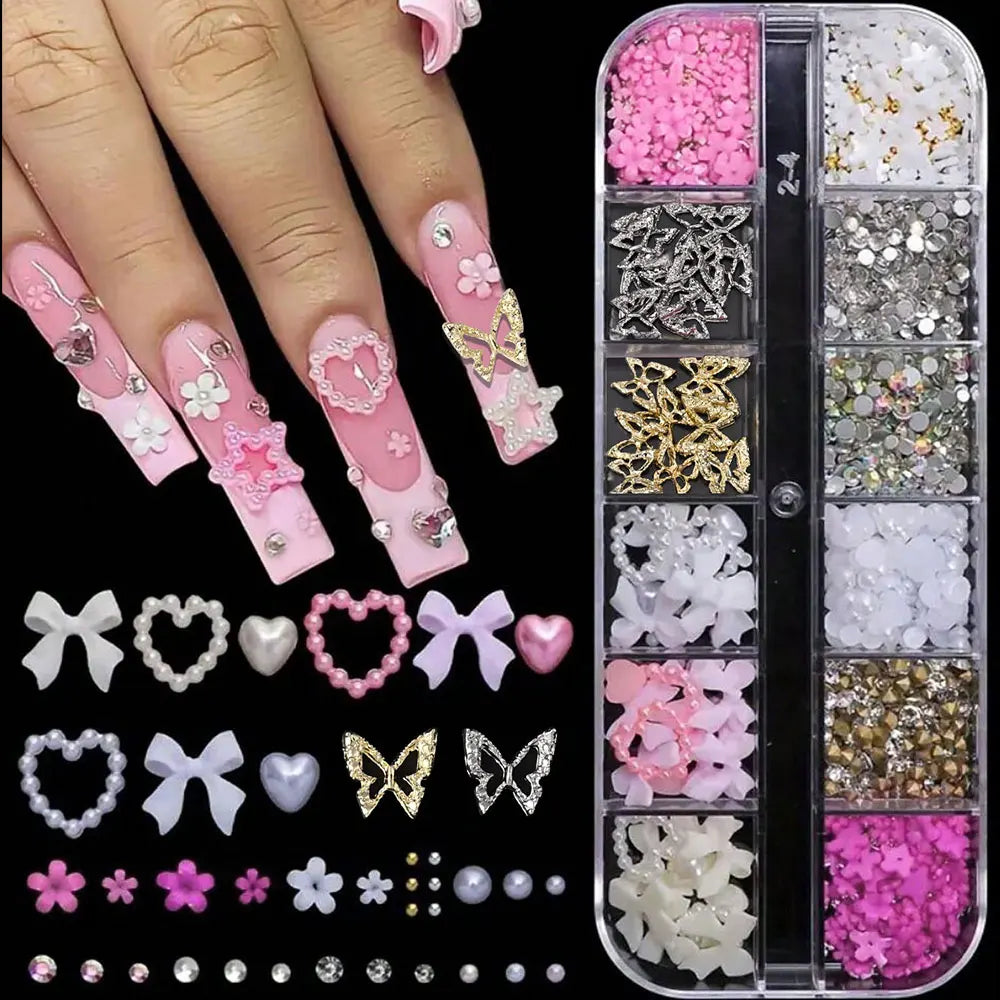 3D Fjäril Nageldekorationer - 12 Grids Box med Metallfjärilar & Blommor