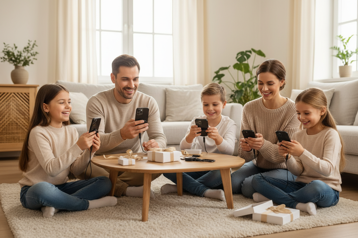Family receiving phone holder gifts