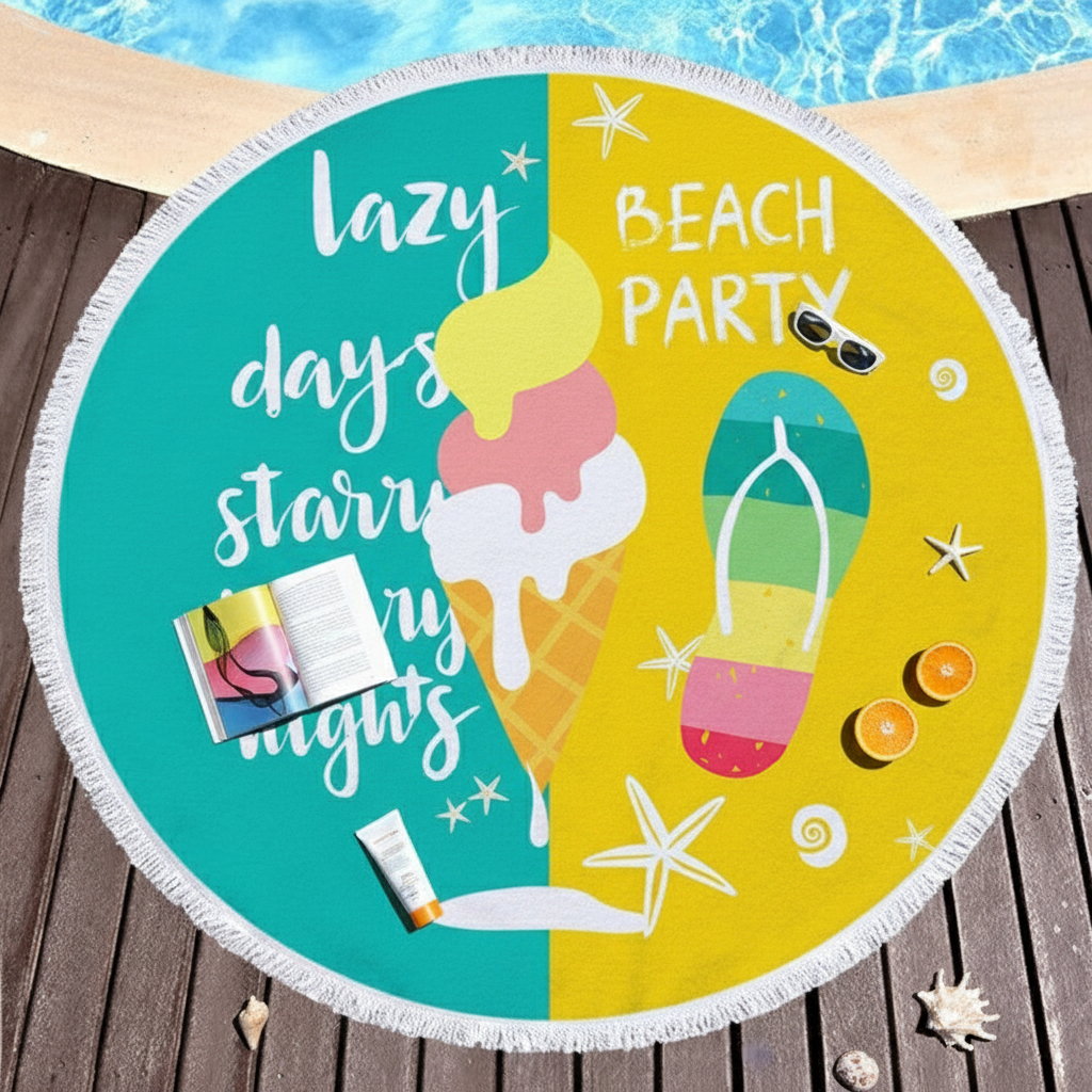 Flat-lay av färgglad strandhandduk