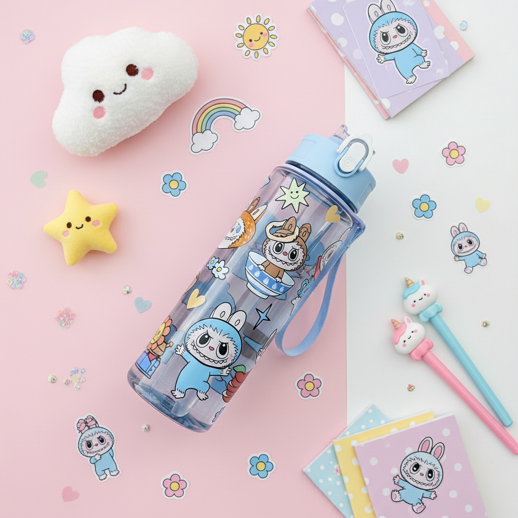Flat-lay av Labubu vattenflaska