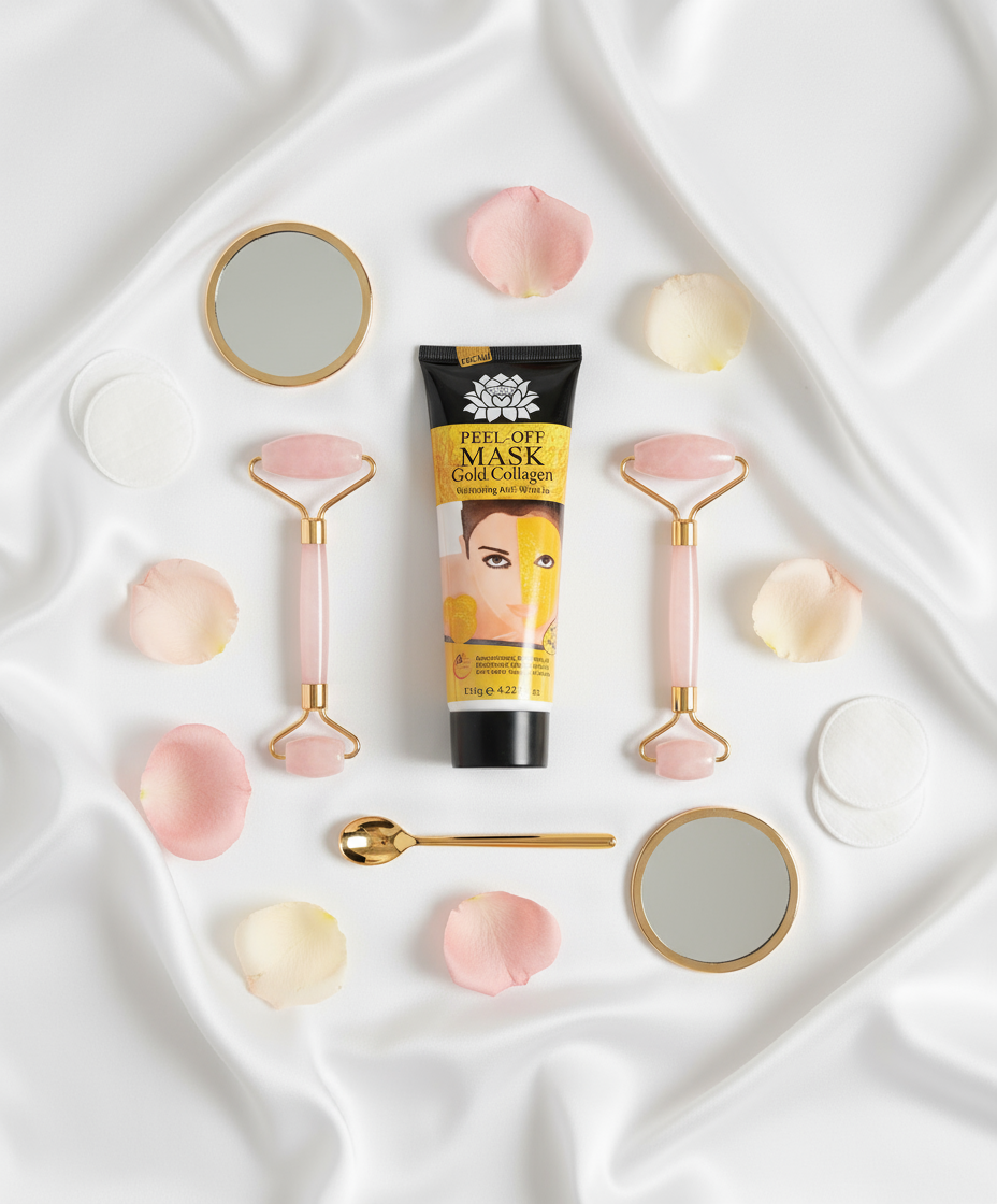 Guld collagen mask flat lay