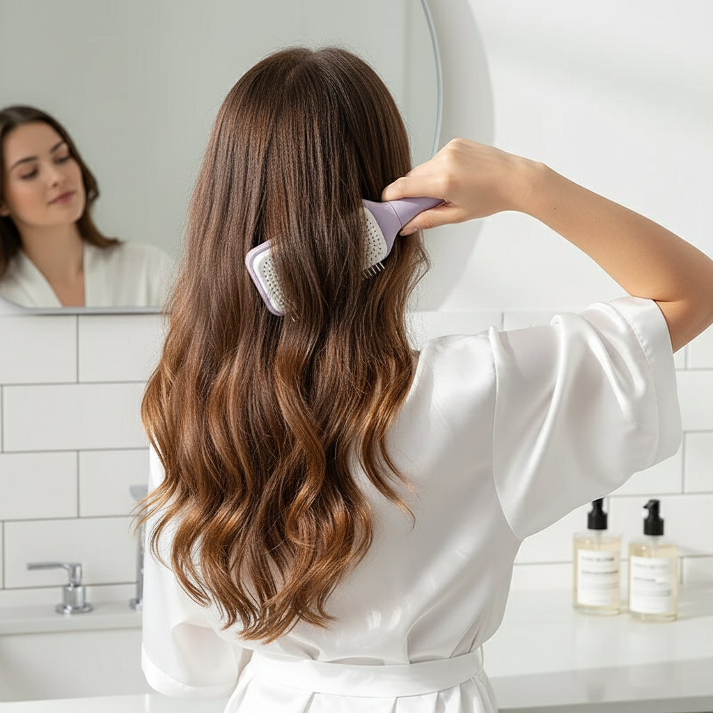 Kvinna borstar håret