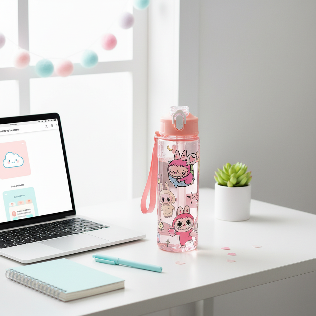 Labubu vattenflaska på skrivbord