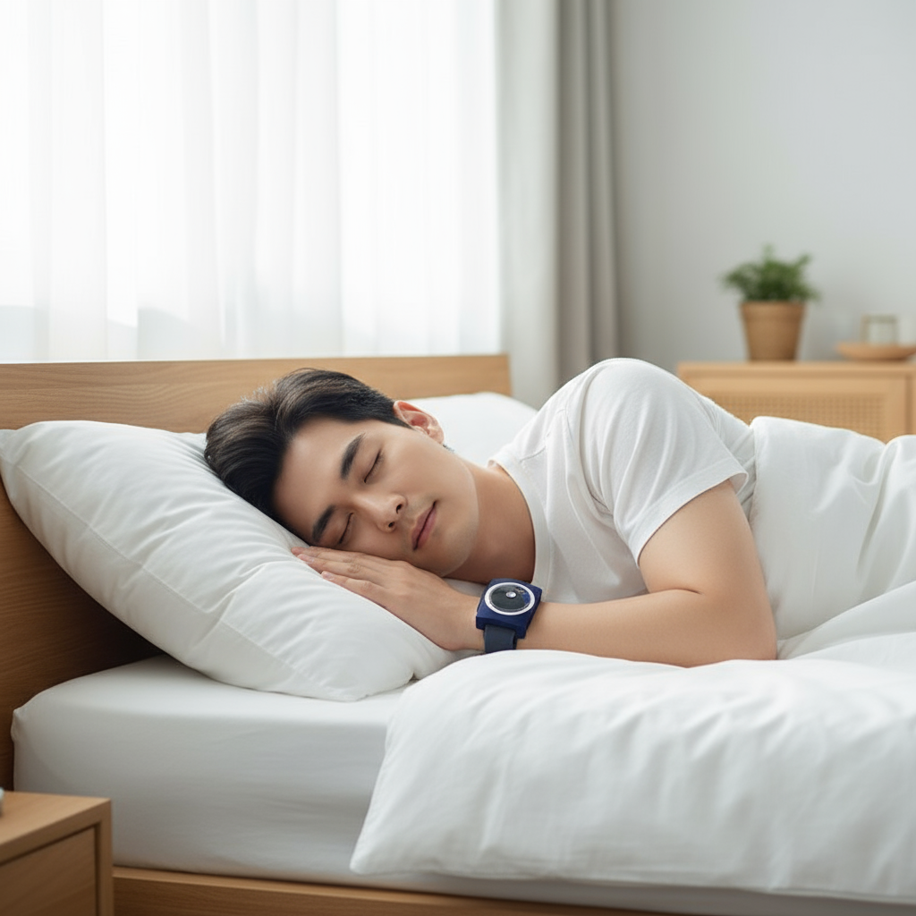 Person sover fridfullt med anti-snarkningsapparat