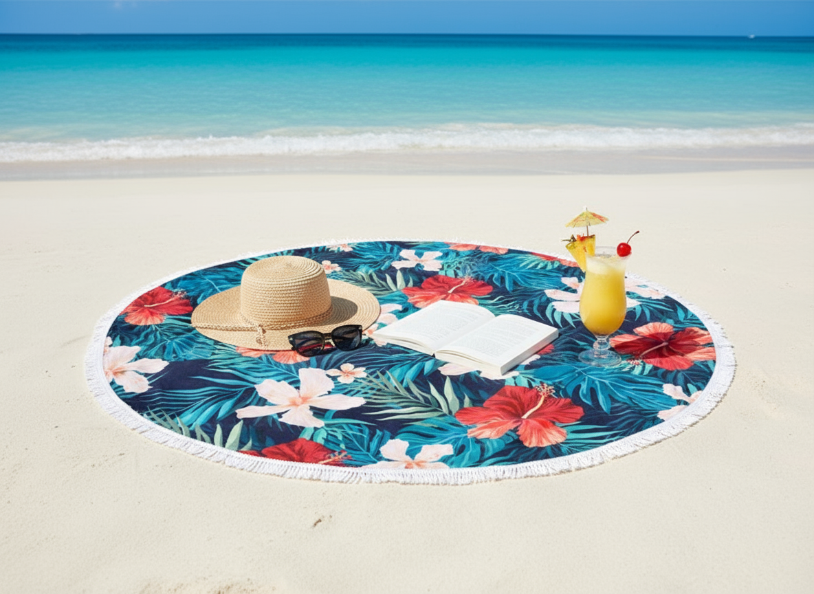 Rund strandhandduk på paradisisk strand