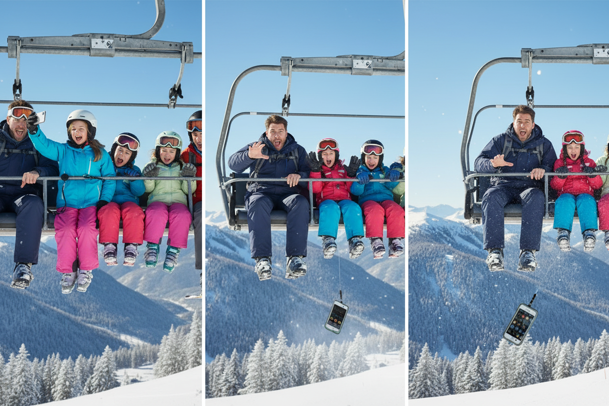 Ski lift phone safety story - three panels