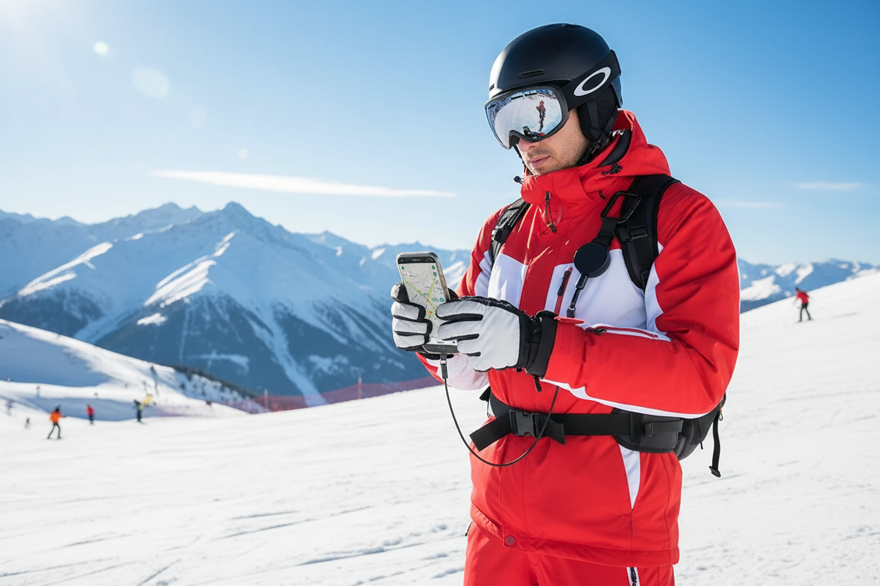 Skidåkare använder telefonen på backen