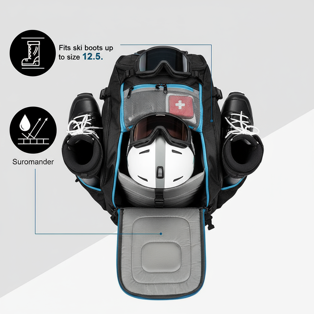 Skidväska med pjäxor och hjälm