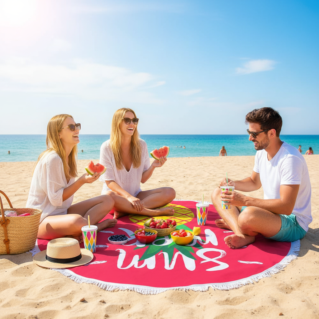 Strandpicknick på färgglad handduk