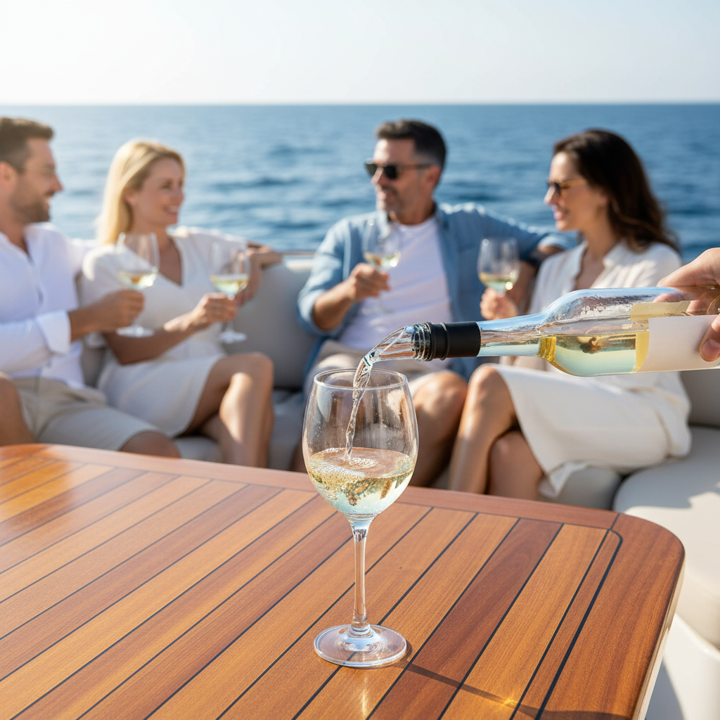 Vinkylare häller vin på båt