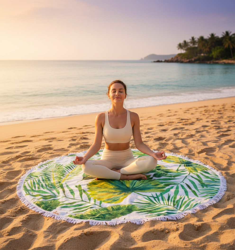 Yoga på strandhandduk vid solnedgång
